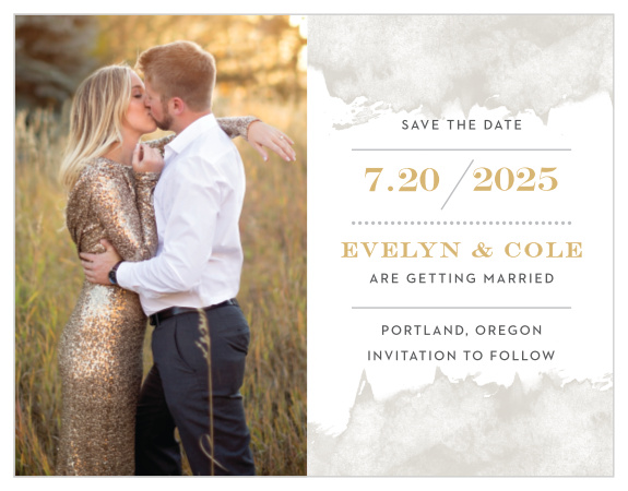 We've divided our Modern Gold Foil Save-the-Date Magnets into two beautiful halves: to the left, we've placed a touching photo of the two of you; to the right, we've written all of the essential details of your wedding in an easy-to-read and easy-to-adore gold-foil.