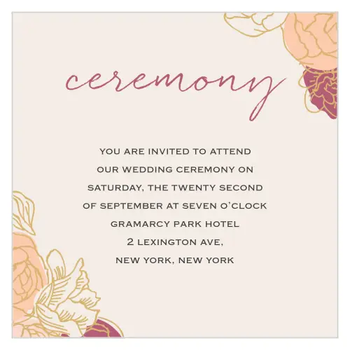 Stunning, multi-colored, rose blooms with gold foiled accents adorn the edges of the Elegant Blooms Foil Ceremony Cards. 