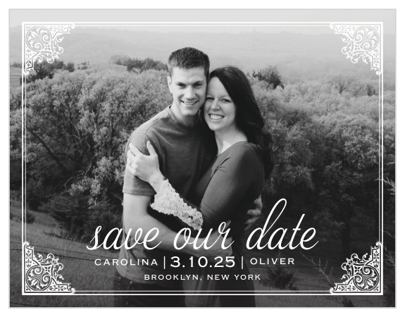 The Fine Line Save-the-Date Magnets have a fine, white frame, edged in a victorian design and a lovely, swirling calligraphy sitting atop your own gorgeous engagement photo.