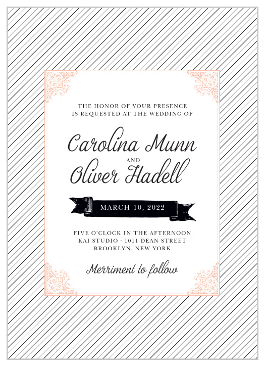 The Fine Line Wedding Invitations have a fine, bittersweet pink frame, edged in a victorian design sitting atop a delicate black and white striped background. 