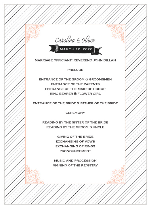 The Fine Line Wedding Programs have a fine, bittersweet pink frame, edged in a victorian design sitting atop a delicate black and white striped background. 