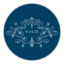 An ornate emblem states your special day for the Sweet Antiquity Wedding Stickers. Choose your own colors and fonts online now!