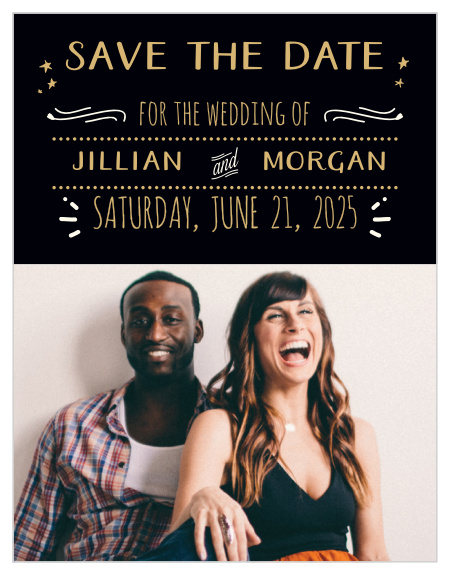 Let the "Good Times" roll with these vivacious foiled save-the-date magnets, as well as the rest of the Good Times Foil wedding suite!