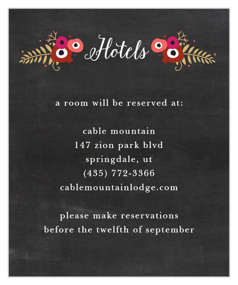 Chalkboard Blossom Foil Accommodation Cards