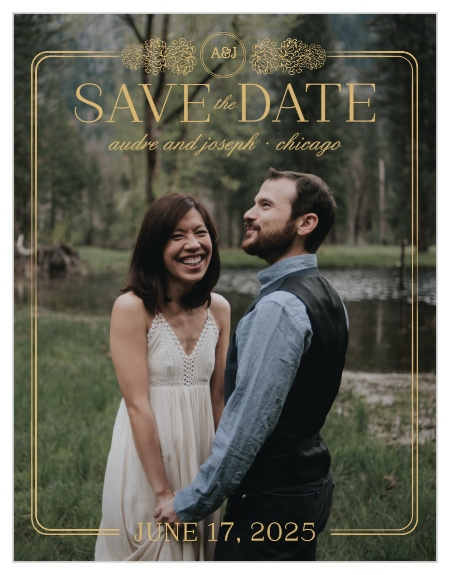 With a victorian-esque, gold foiled, floral frame set against against your gorgeous engagement photo, the Floral Nouveau Foil Save-the-Date Magnets are a classic choice to represent you on your wedding day! 