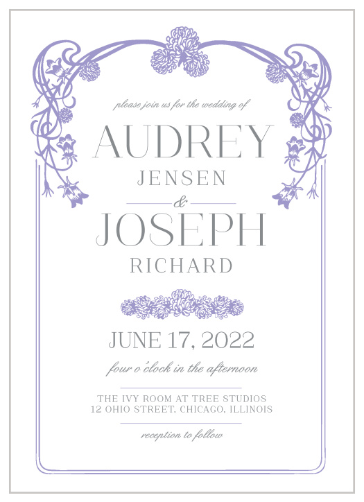 With a victorian-esque, lavender, floral frame set against against a traditional, white background the Floral Nouveau Wedding Invitations are a classic choice to represent you on your wedding day! 