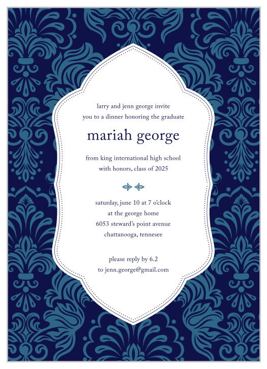 Our Formal Damask Graduation Invitation has an old-world charm with its damask pattern border and tea length style.