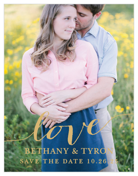 Declare your love with the Love Script Foil Save-the-Date Magnets. 