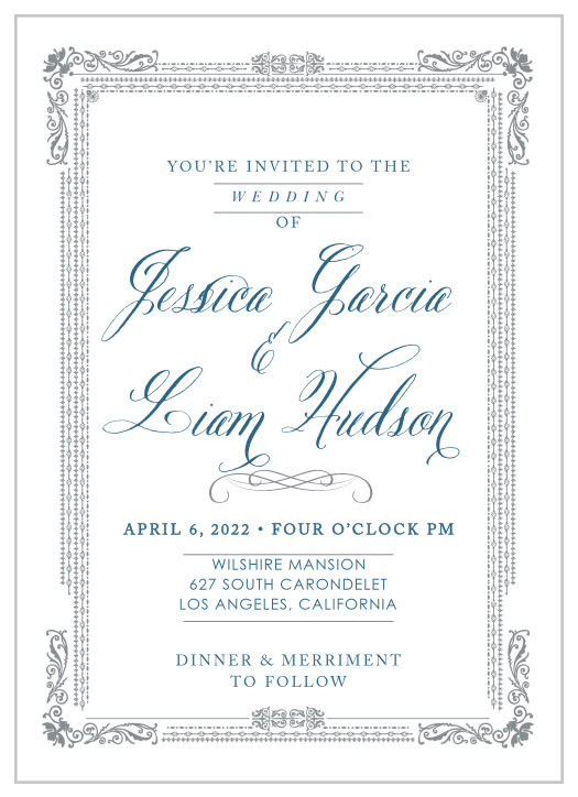 The Elegant Frame Wedding Invitations have an ornate frame bordering the contents of the invite.