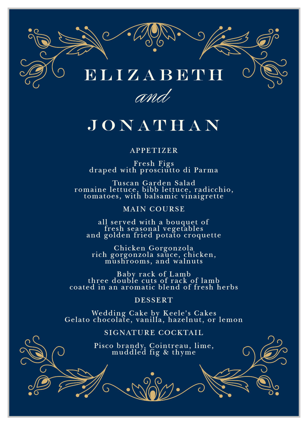 Peacock Flourish Foil Wedding Menus