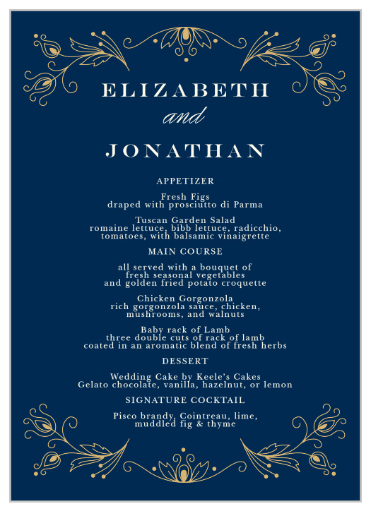 Peacock Flourish Foil Wedding Menus