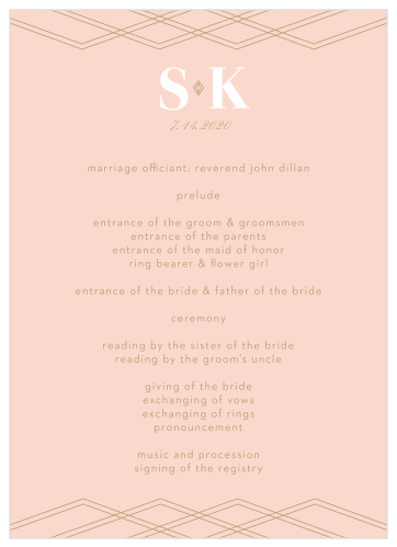 The tops of the Deco Glam Wedding Programs are framed with layered, offset geometric designs atop a lovely, ballet pink background. 