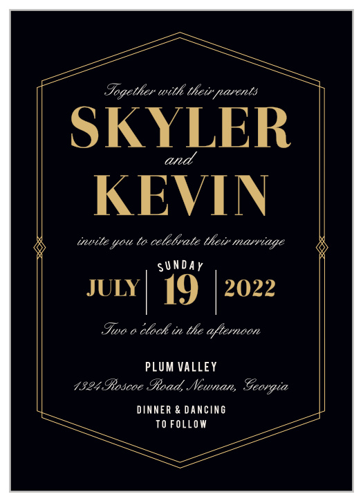 The Deco Glam Foil Wedding Invitations feature an offset, gold-foiled, geometric frame encasing all of the invites contents.