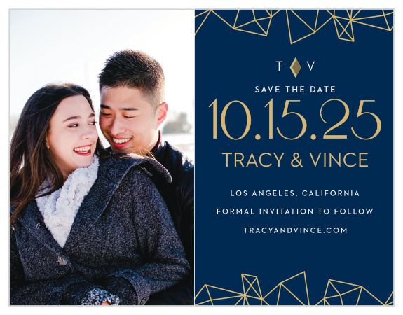 Three dimensional diamonds are tastefully scattered across the edges of the Modern Deco Foil Save-the-Date Cards. 