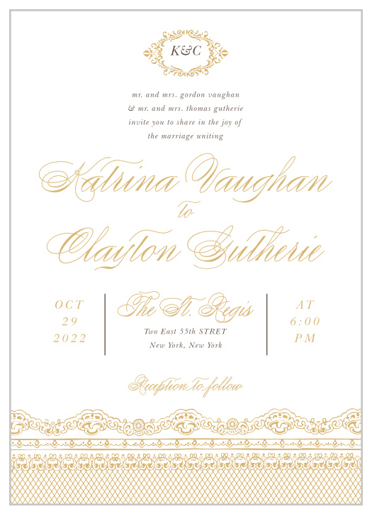 Elegant, swirling calligraphy, a victorian styled emblem, and a gorgeous vintage lace design makes the Lace Couture Foil Wedding Invitations an irresistible choice! 