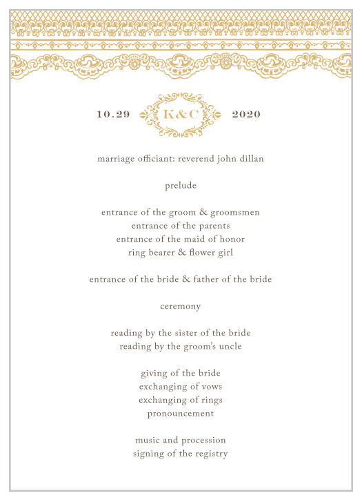 A victorian styled emblem and a gorgeous vintage lace design makes the Lace Couture Foil Wedding Programs an irresistible choice! 