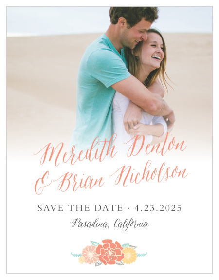 One of your favorite engagement photos serves as the background of our Sweet Bloom Save-the-Date Magnets, with its bottom half fading into the white background that houses your wedding details.