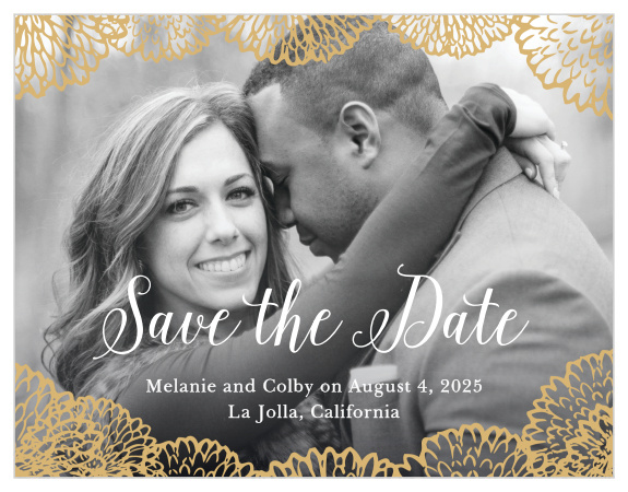 Flowers bursting with petals frame your engagement photo on the Full Bloom Foil Save-the-Date Cards.