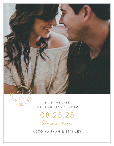 Composed from the heart, in gold foil, french grey and smoky taupe and embellished with your engagement photo, retro script and a postmark emblem, the Note Home Foil Save-the-Date Cards are a momento of the love you and your betrothed share!