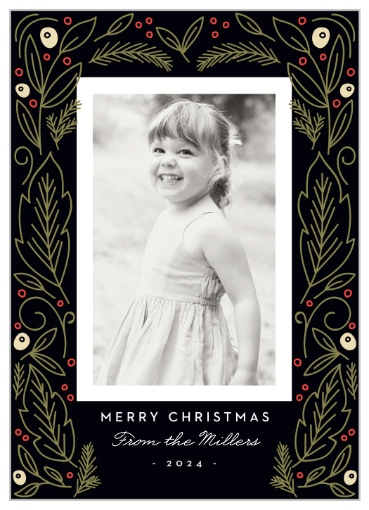 Classic illustrations of pine leaves and berries are set against a rich black background, making for an exquisite contrast of color for the Vintage Artwork Photo Christmas Cards. 