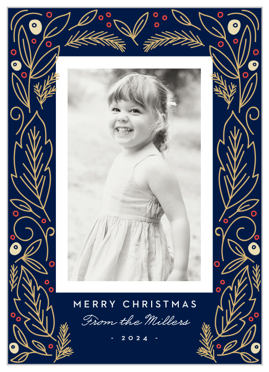 Classic illustrations of gold foiled pine leaves and berries are set against a deep sea background, making for an exquisite contrast of color for the Vintage Artwork Foil Photo Christmas Cards.