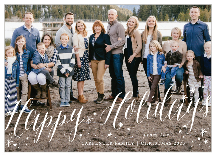 The Sparkler Photo Holiday Cards use your photo as the background and have a cheery, white script adorned with snowflakes.