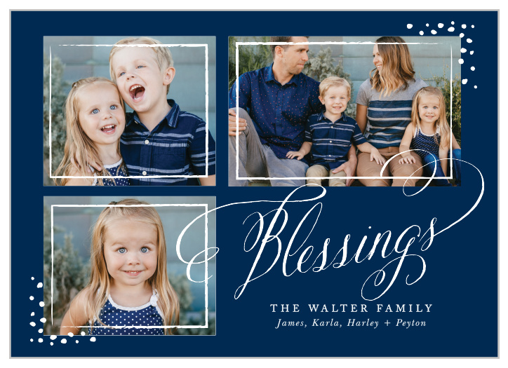Decorate the cool, winter background on our Bright Blessings Photo Holiday Cards with a trio of your favorite photographs.