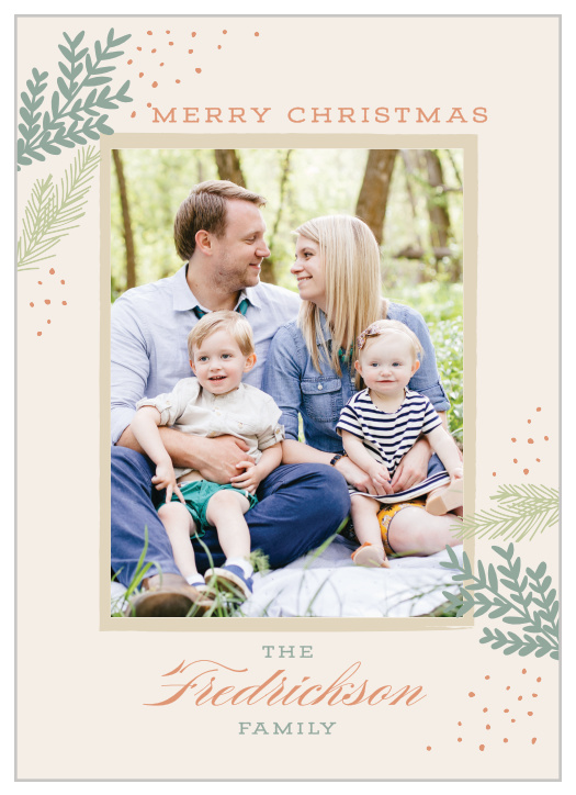 Boughs & Berries Foil Photo Christmas Cards are a stylishly seasonal card for your family. Decorated first and foremost with a beautiful photo of your nearest and dearest, these cards also feature various shades of green branches and a smattering of berries.
