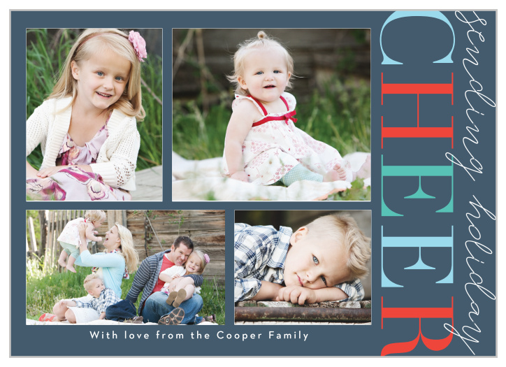 Colorful Cheer Photo Holiday Cards, with their assortment of lovely family photos and bright multi-colored text running vertically along the side, are absolutely perfect for this holiday season.