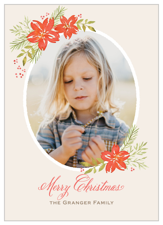 Place your gorgeous photo in a flattering oval frame, adorned with watercolored poinsettias.