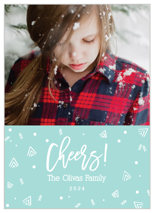 The Illustrated Cheers Photo Holiday Cards are patterned in snow and doodled pine trees.