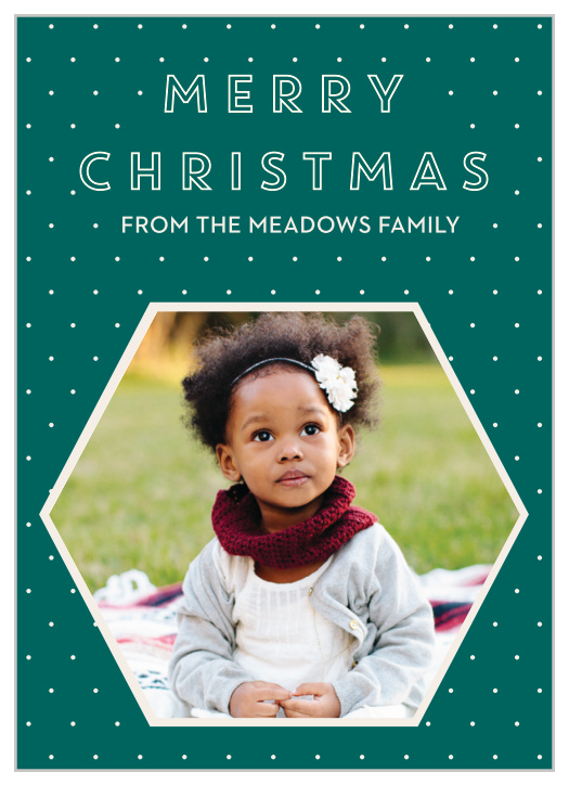 A hexagon frames your photo atop a patterned, edgy green background for our Geometric Photo Christmas Cards. 