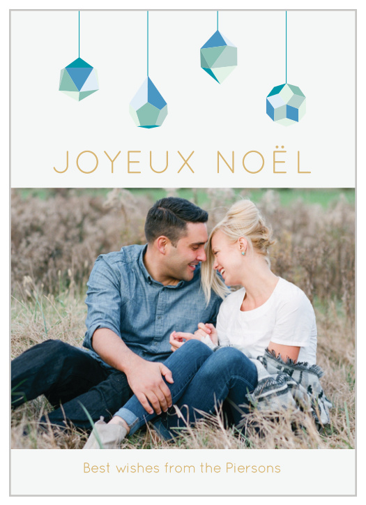 Elegant crystal ornaments descend upon your gold foiled greeting and portrait for our Noel Ornaments Foil Photo Christmas Cards. 