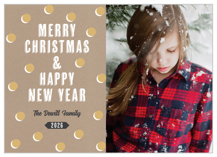The Kraft & Shimmer Foil Photo Christmas Cards are decorated with a gold foiled pattern atop a craft paper like backdrop! 