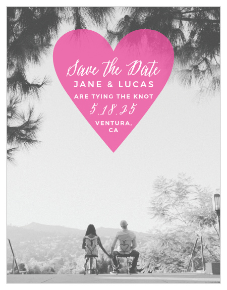 A semi-transparent inscribed heart sits atop your engagement photo for our Heart Beat Save-the-Date Magnets. 