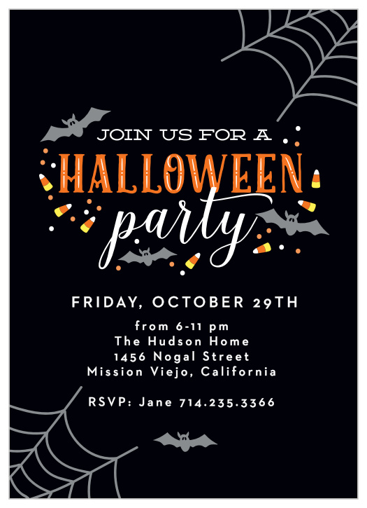 With an variety of classic Halloween imagery, including bats, candy corn, and cobwebs tucked away into the corner, our Spiderwebs Halloween Party Invitations are essential for filling your house with spooky costumers for the party of a lifetime.