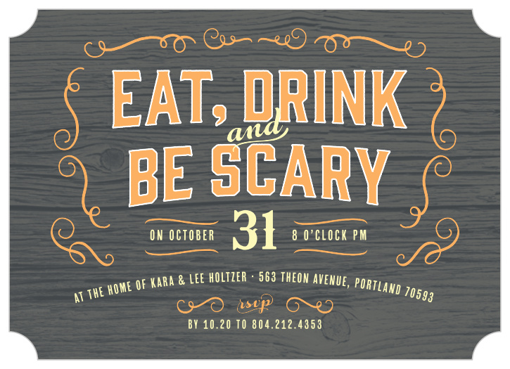 Our Gnarled Wood Halloween Party Invitations feature your invitational text in a bright, Halloween orange decorated with a series of artful swirls, all on a background of gray, petrified wood.