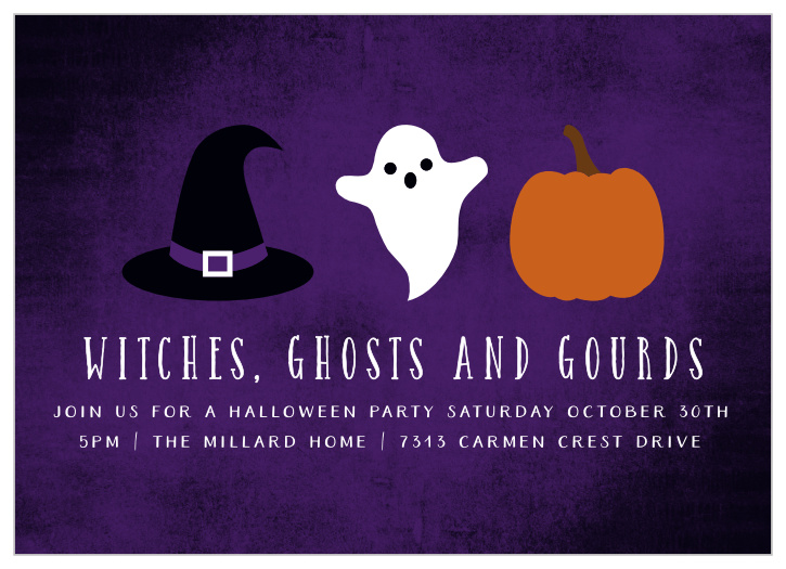 Spooky illustrations decorate the Ghosts & Gourds Halloween Party Invitations. 