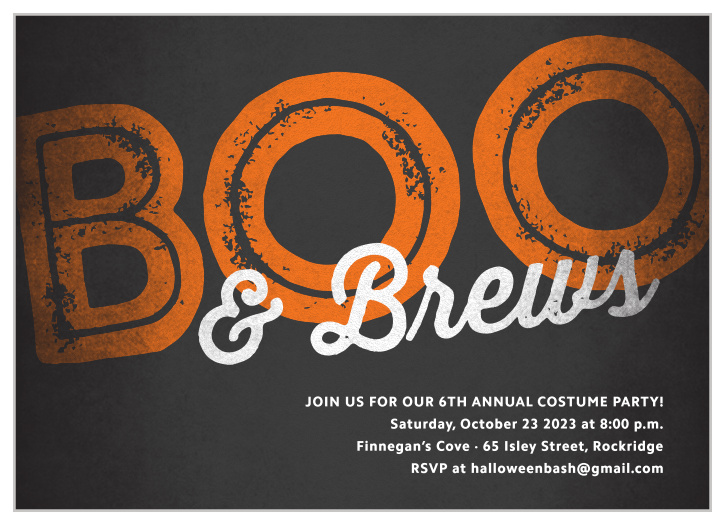 Treat your guests to a spooktacular night of "Boos & Brews" with these Halloween Party Invitations. 