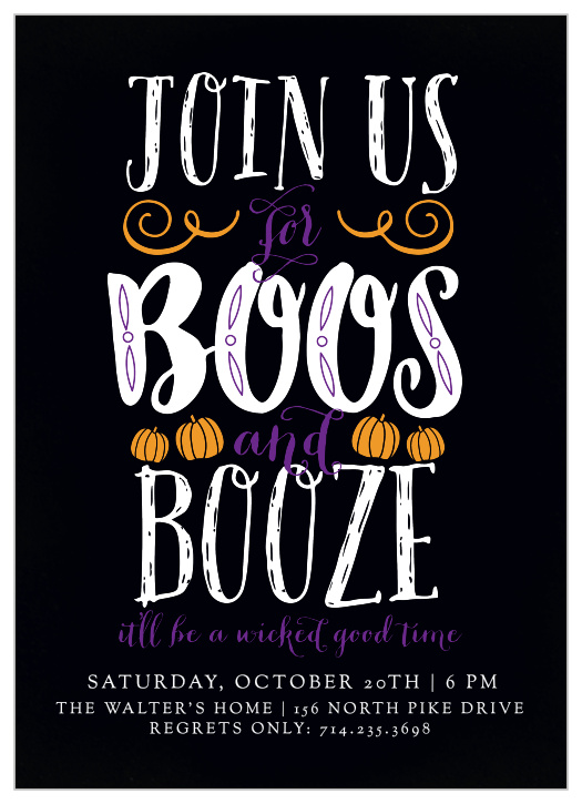 Invite your guests over for a wicked good time with the Boos & Booze Halloween Party Invitations.