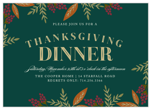 Bring some autumn cheer to your invitations using the Fall Harvest Thanksgiving Party Invitation.