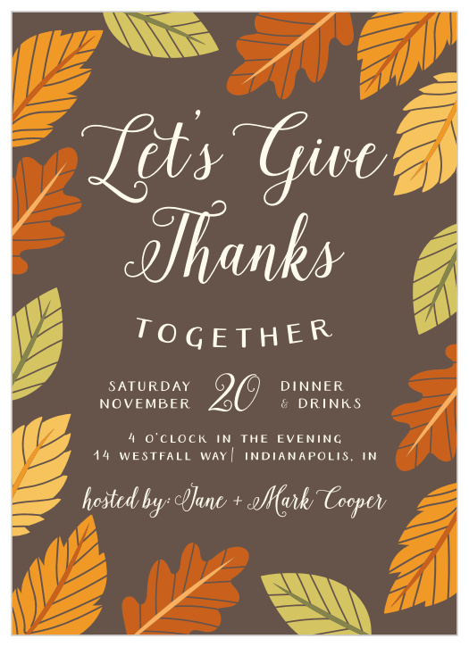 Falling leaves embrace your warm invitation on the Gratefully Together Thanksgiving Party Invitation.