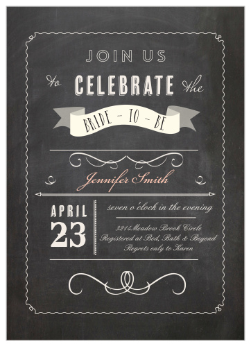 The Chalkboard invite has a traditional hand-lettered feel. It is the perfect invite for your authentic Bridal Shower. 