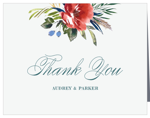 The Arctic Florist Thank You Cards feature an ecru background that is contrasted against the vivid red of the watercolored floral arrangement that adorns the top of the card.