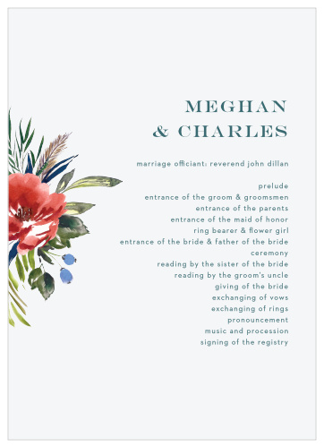 An ecru background sets a slight contrast against the vivid red of the watercolored floral arrangement on the Arctic Florist Wedding Programs.