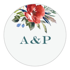 A vivid watercolored floral arrangement adorns your initials done up in a lake green, classic font on the Arctic Florist Wedding Stickers. 