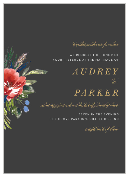A stormy background contrasts against the vivid red of the watercolored floral arrangement on the Arctic Florist Foil Wedding Invitations.