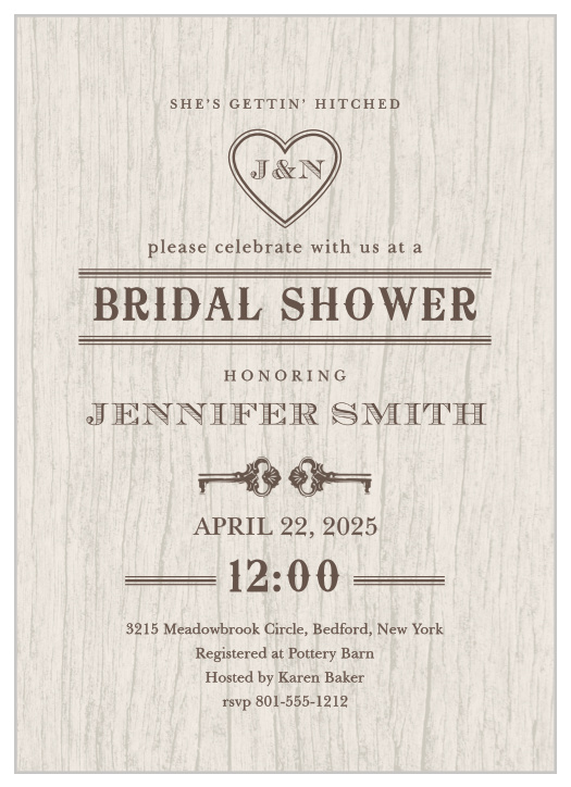 The Wood Bridal Shower Invite has a rustic feel to it and is perfect for that outdoor, antique themed event.