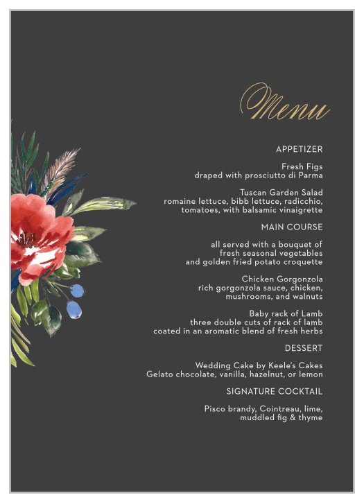 A stormy background contrasts against the vivid red of the watercolored floral arrangement on the Arctic Florist Foil Wedding Menus. 