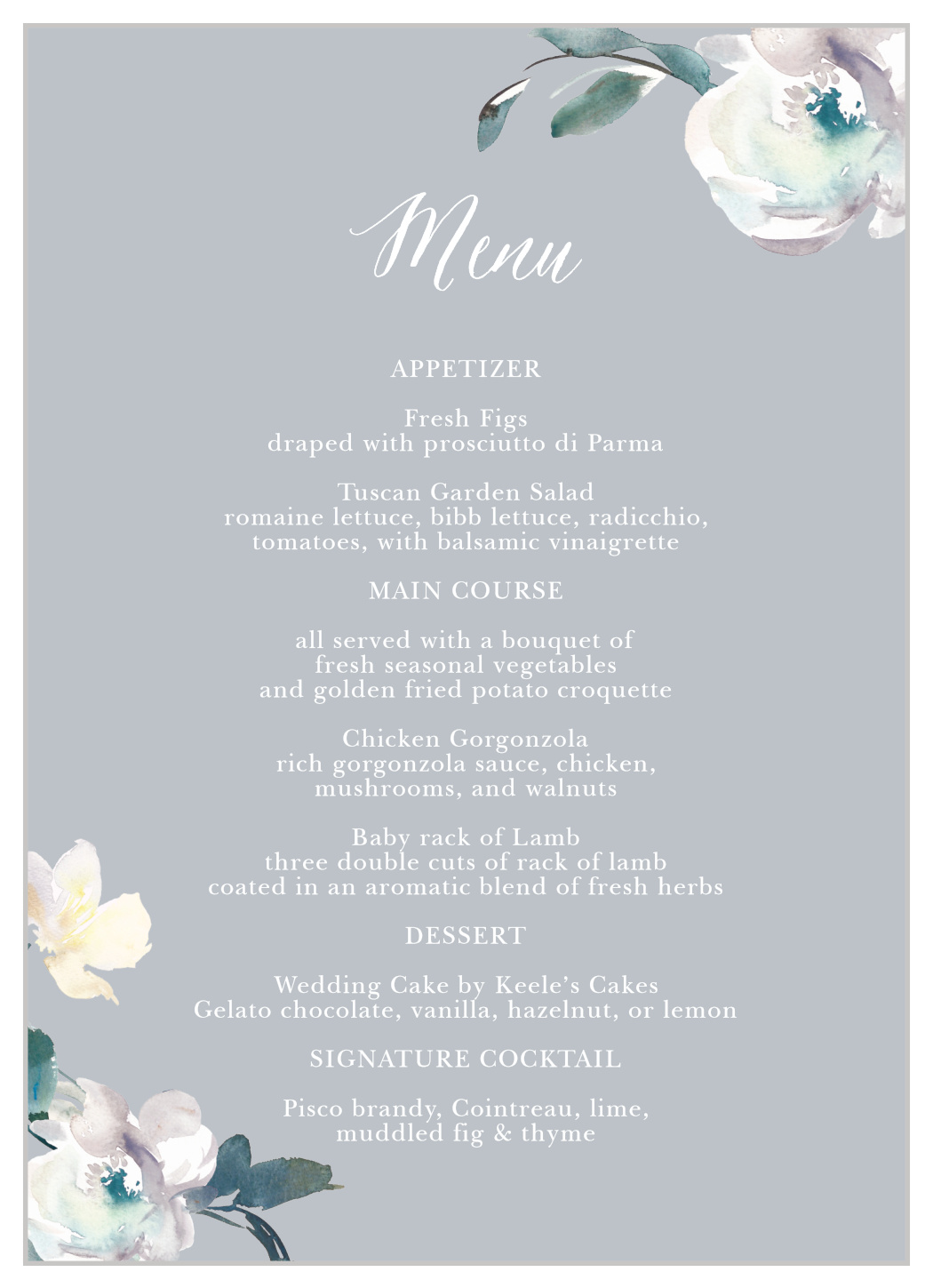 Antique Blooms Wedding Menus